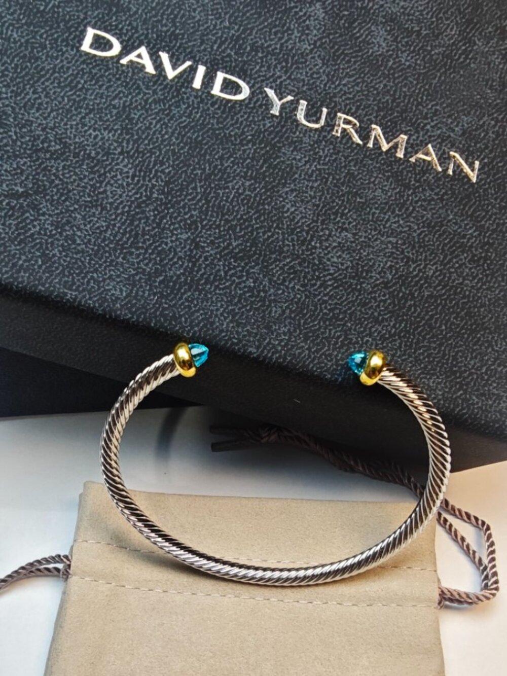 David Yurman Two-Tone Cable Bracelet Blue Gemstone Open Cuff with Box & Dust Bag